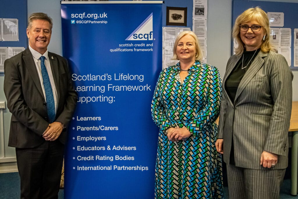 From left to right, Keith Brown MSP, Veterans Commissioner for Scotland Susie Hamilton & Pauline Radcliffe, CEO of the SCQF Partnership