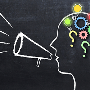 A white outline of a head within question marks inside, speaking into a loudspeaker, reflecting SCQF consultancy services