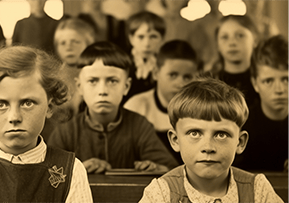 A black and white image of children in school in the 1940s. They are sitting at desks, looking forward, not smiling. They signify the qualifications children learned in school back in the day.