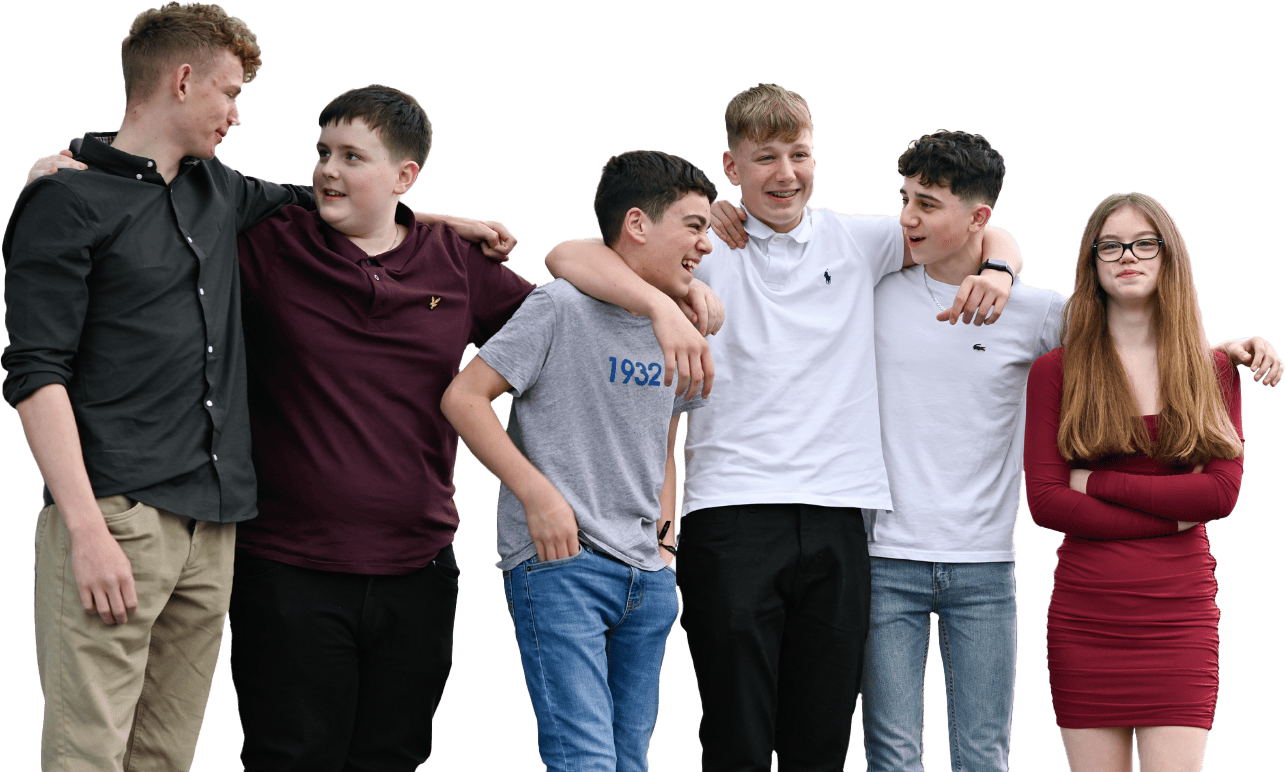 A group of young people, including 5 boys and 1 girl. The boys are talking to each other. They represent learning in the community, and the support that the SCQF offers in the field of CLD