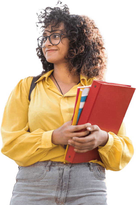 A student looks to the side, smiling, while holding two folders in her arms. She had a backpack on her shoulders. She represents the support that the SCQF offers to colleges and universities.