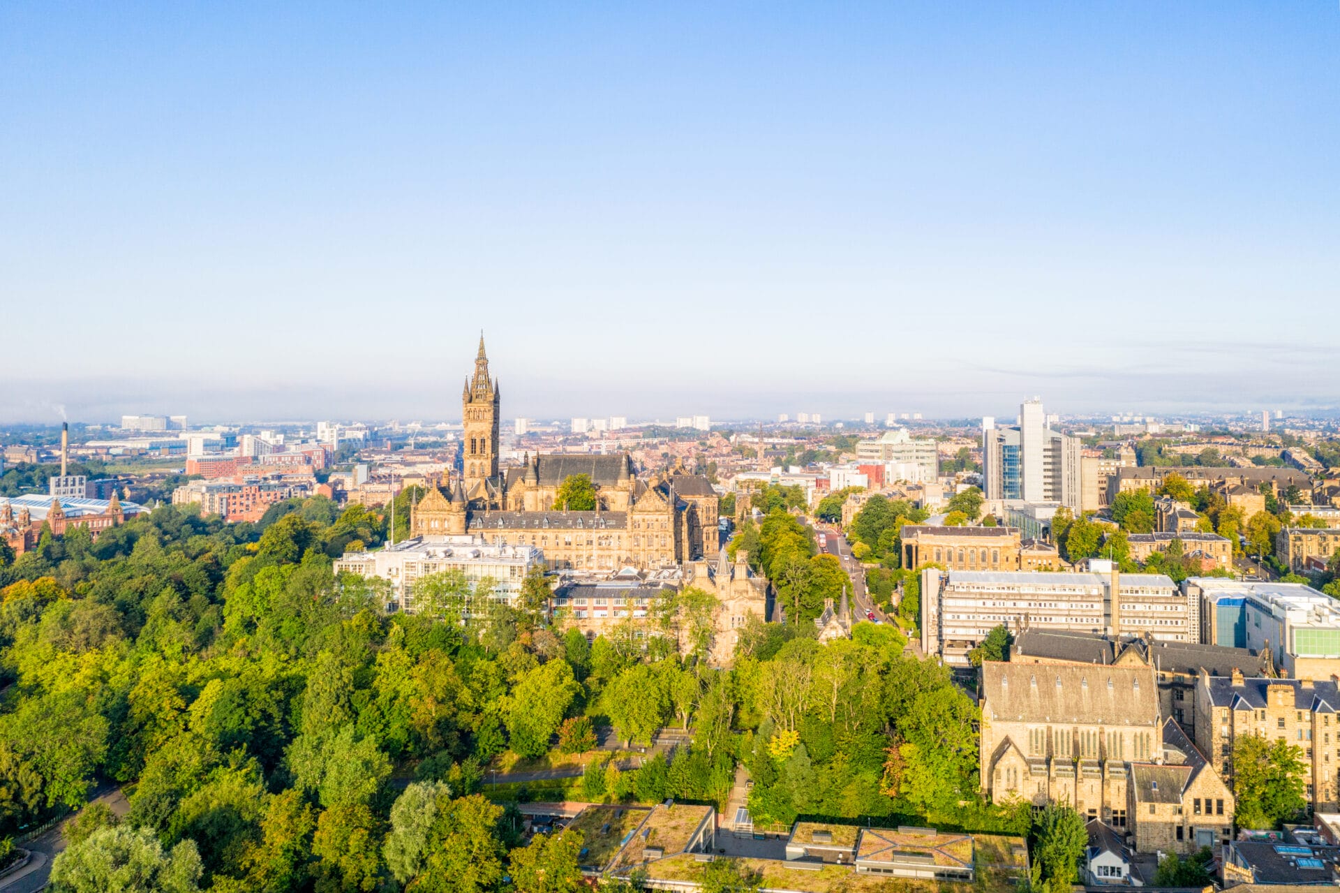 An aerial shot of Glasgow's West End, with Glasgow University's spire in the background. Glasgow University is a Credit Rating Body