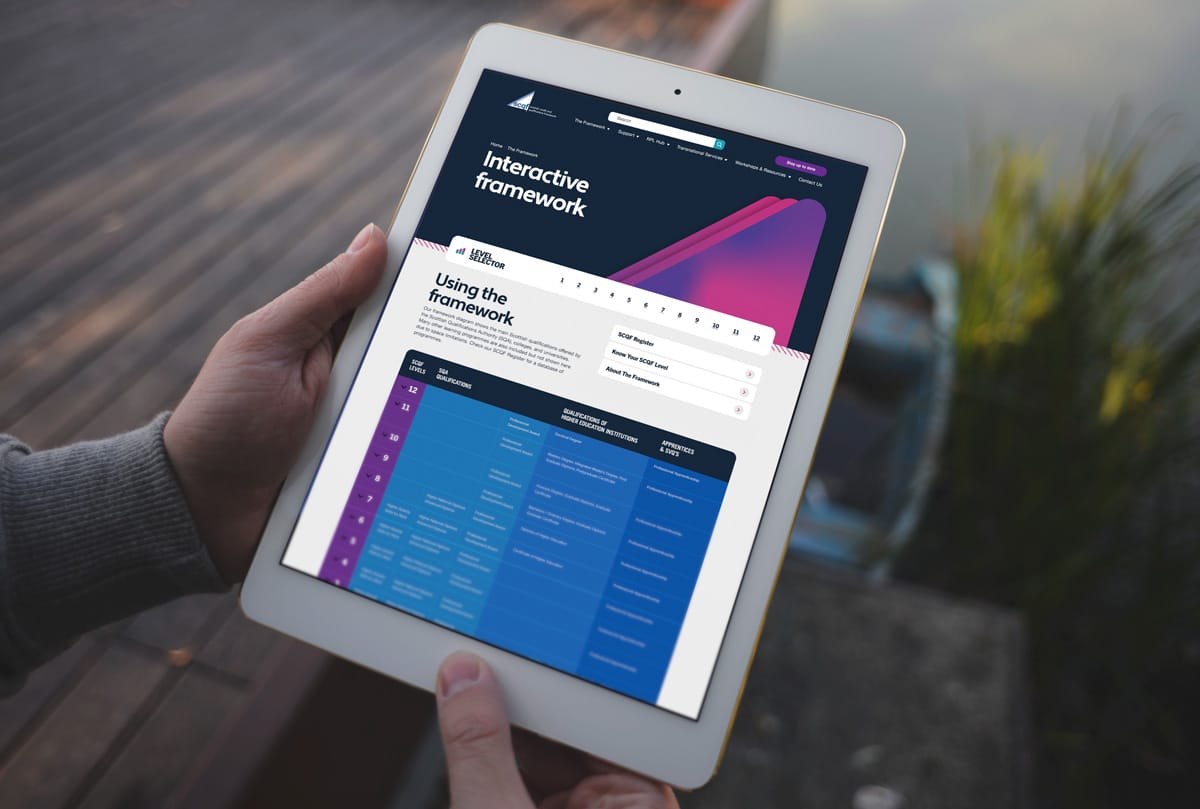 A man holds in iPad in his hands. You can only see his hands. The iPad screen features the Interactive Framework page of the SCQF website