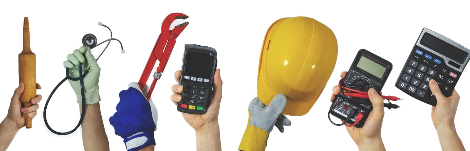 Various different hands hold up various pieces of equipment used in the workplace, including a rolling pin, stethoscope, tools, a hard hat and a calculator. It represents the range of industries that the SCQF supports by helping them to understand qualifications.