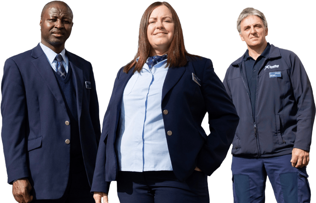 Three ScotRail employees standing, smiling. ScotRail is an SCQF Inclusive Recruiter