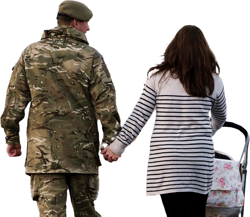 The back of a solder in his uniform, his head tilted towards his wife, who is holding his hand and pushing a pram with her other hand. He represents the Armed Forces members that the SCQF supports.