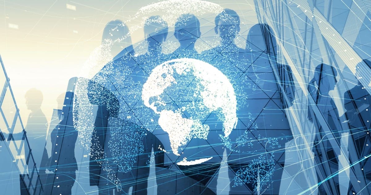 Illustration of business people with globe overlaid