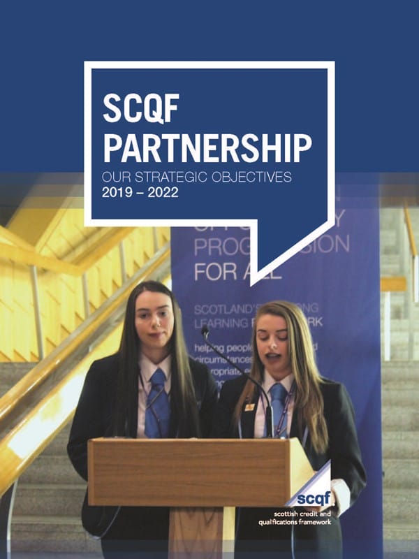 Front cover of SCQF Partnership Strategic Plan 2019-22 featuring Clydebank High pupils presenting at Parliamentary reception