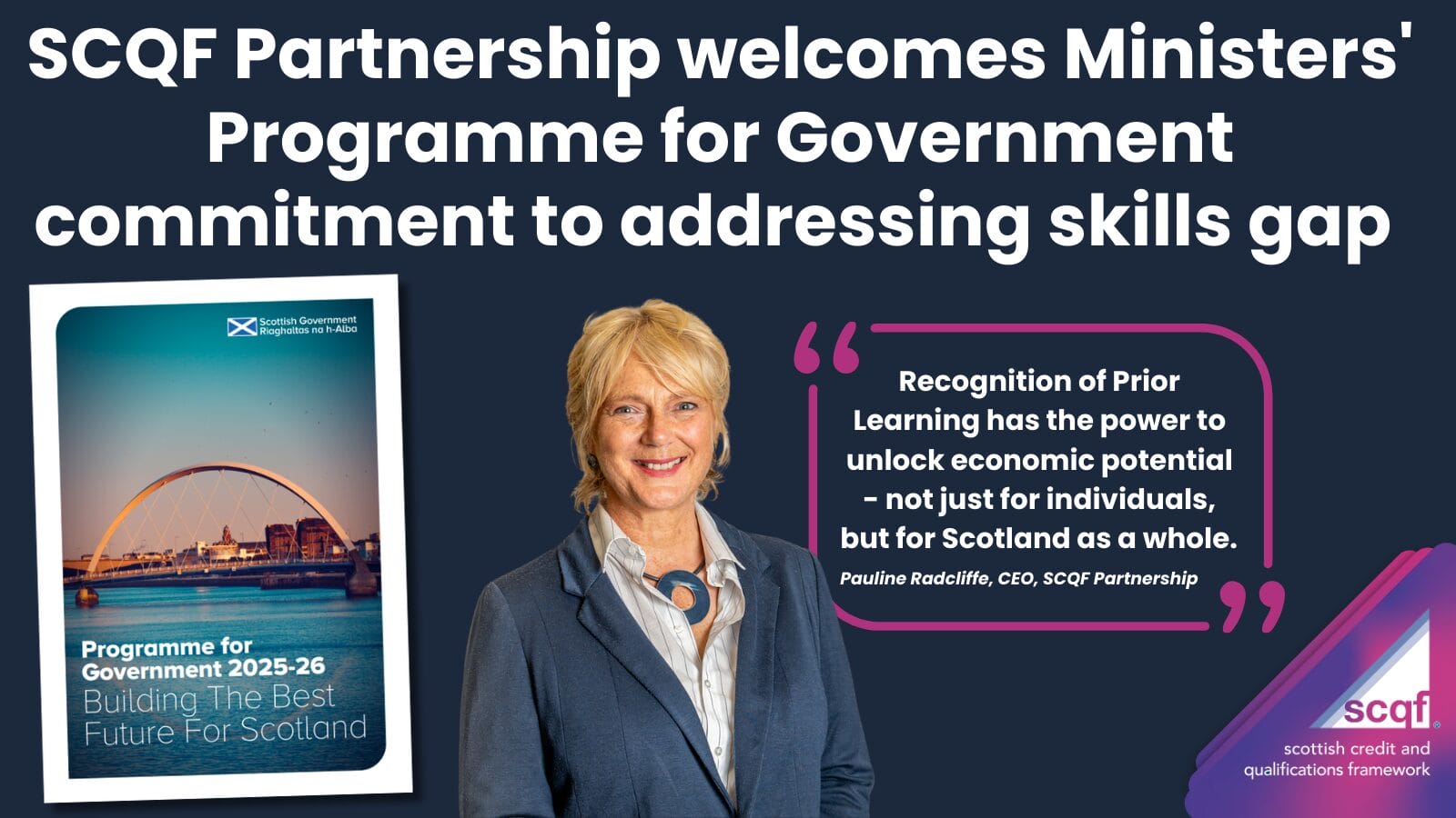 Graphic featuring a picture of the Programme for Government document, and a quote from Pauline Radcliffe about RPL