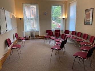 Interior shot of the Garnethill Centre - the therapy room with chairs laid out in a semi circle
