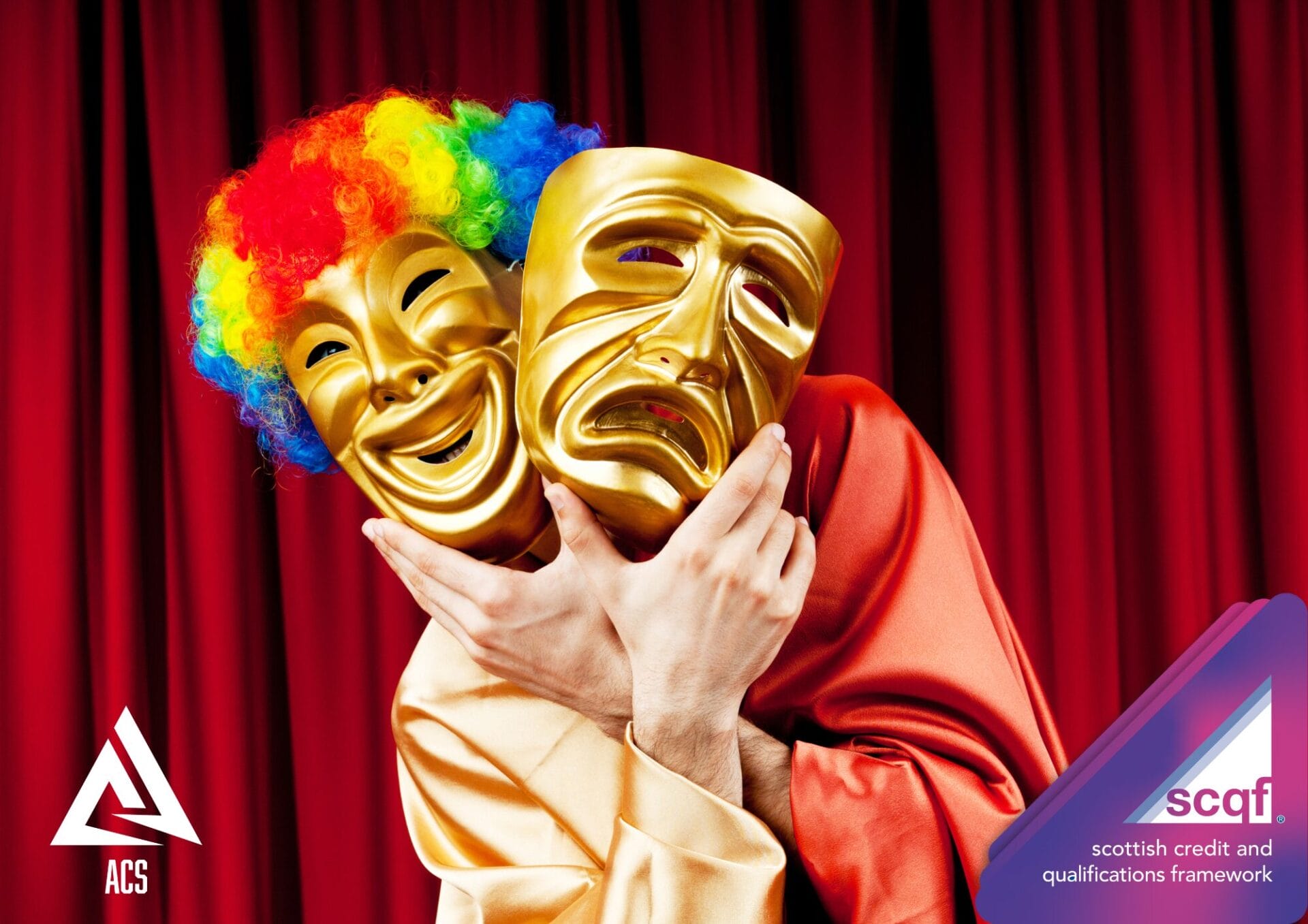 Two gold acting masks are being held up by the two hands of a red-cloaked actor, with the backdrop of a red stage curtain, to promote the SCQF level 8 Professional Acting Diploma