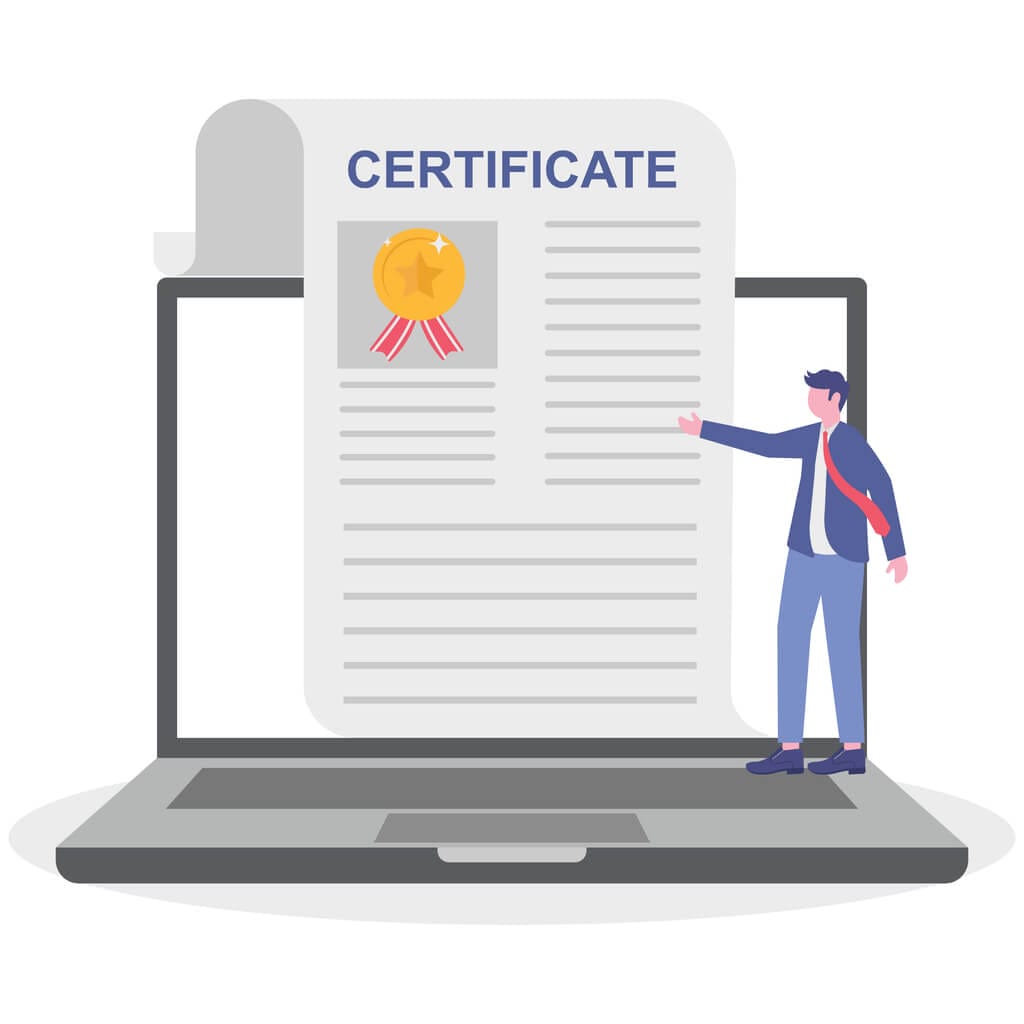 Graphic of certificate appearing out of laptop, with a man grasping at the certificate