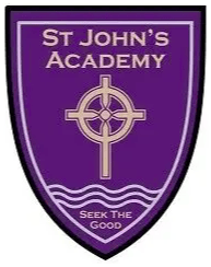 Purple school crest for St John’s Academy featuring a white cross with a circular design at its centre, stylised waves at the bottom, and the motto “Seek the Good.”